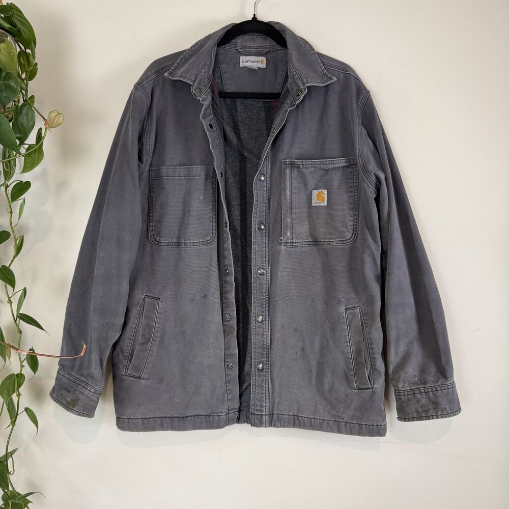 Carhartt Rugged Flex Distressed Faded Fleece-Lined Shirt Jac Shacket, Grunge M